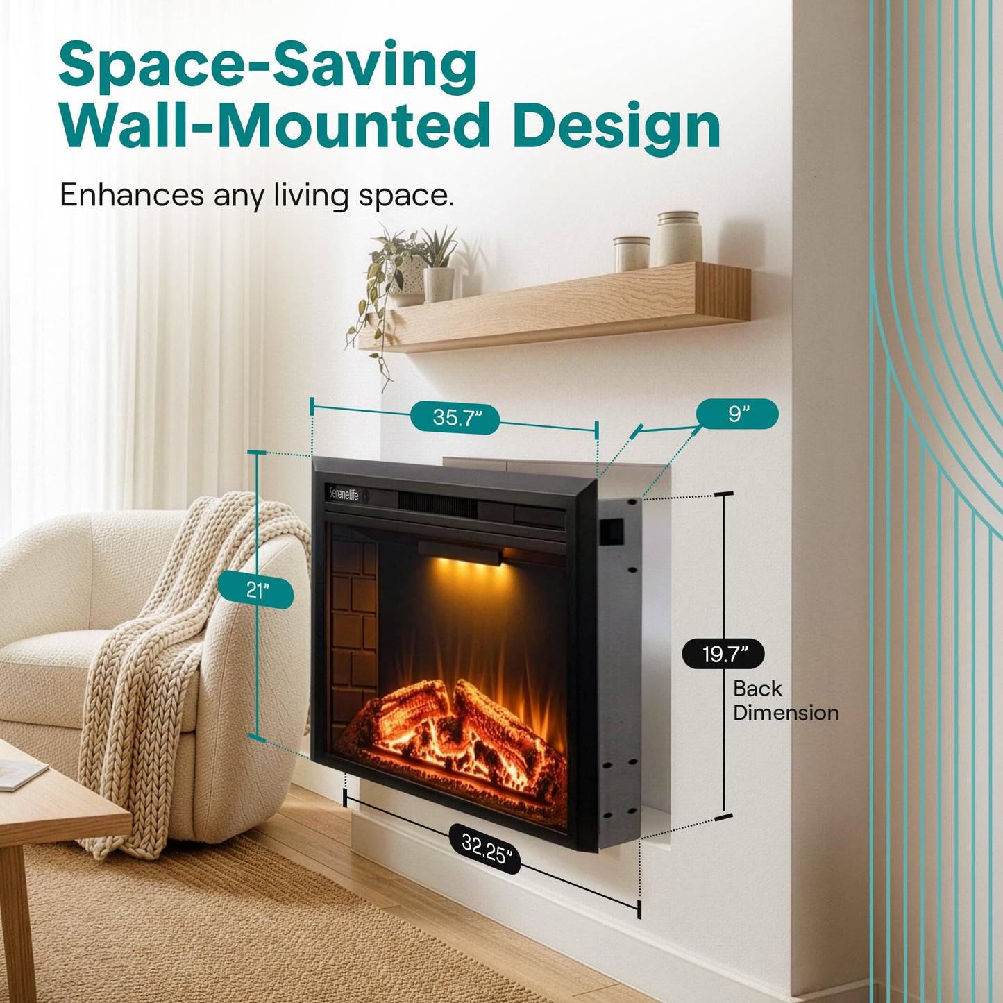 SereneLife Electric Fireplace Insert with Heater | Smart Wi-Fi App Control & Remote | 700W/1500W Adjustable Thermostat with Overheat Protection | 36"x21" Recessed or Wall Mount Design
