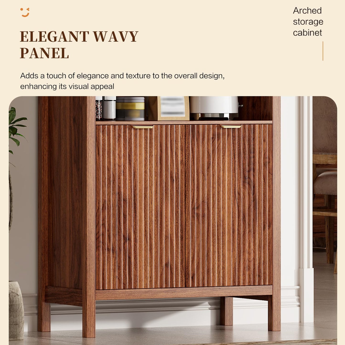 Ieejdn 71" Tall Arched Kitchen Pantry,Modern Fluted Wood Storage Cabinet with Doors,Adjustable Shelves,Organizer, Versatile Cupboard for Kitchen,Living Room,Dining Room,Bathroom,Walnut3