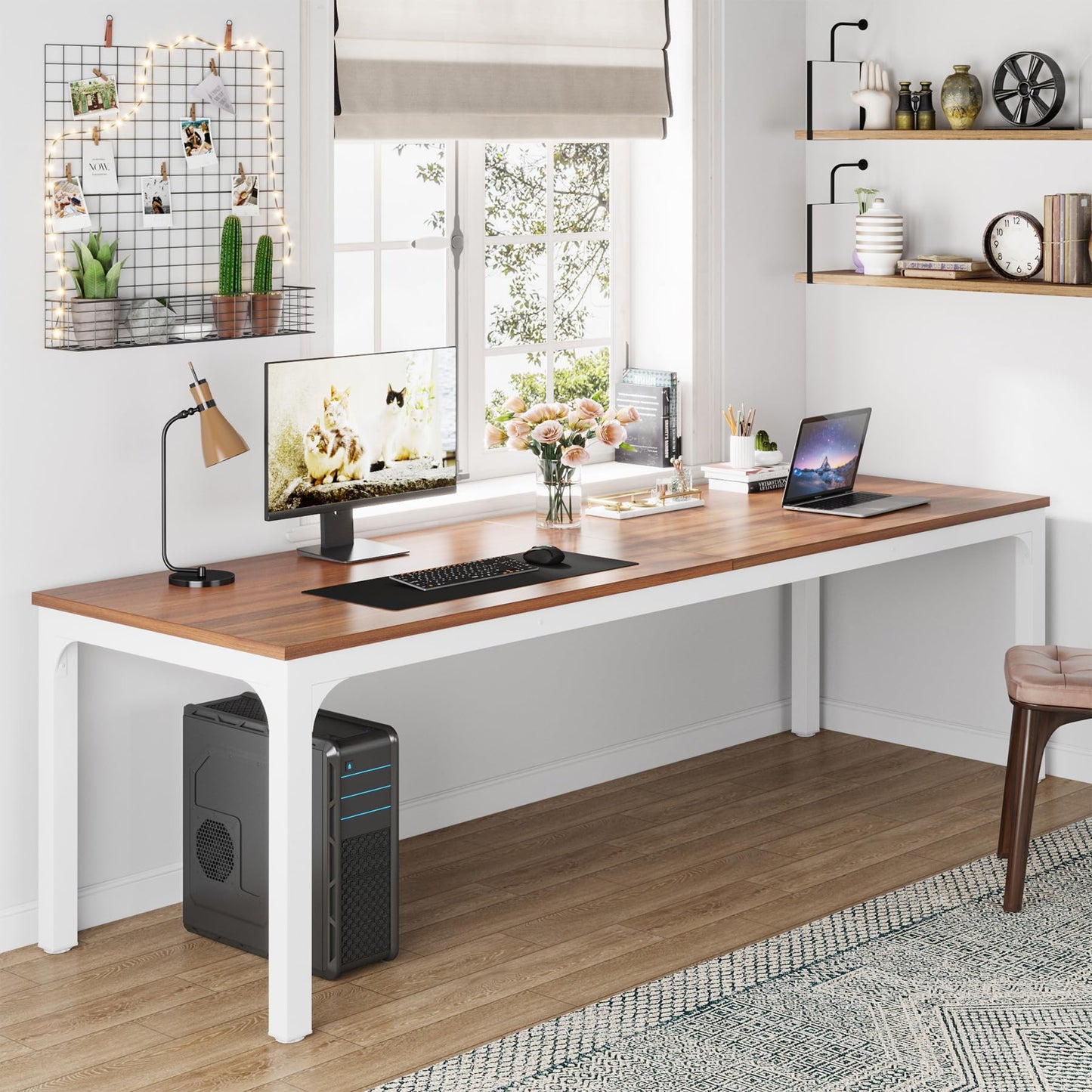 Tribesigns 78.7 Inches Extra Long Computer Desk 2 Person Desk, Double Long Desk, Workstaion for Home Office (Walnut+White)