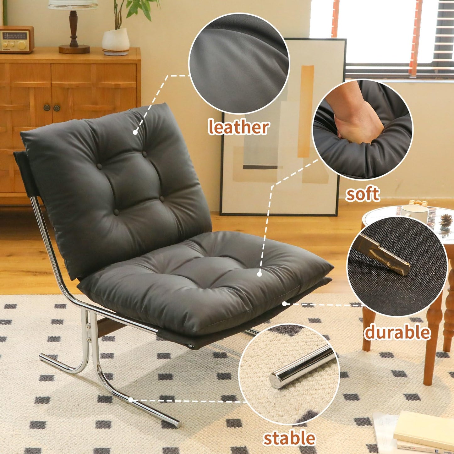 Modern Accent Chair Upholstered Lounge Chair with Chrome Metal Frame Oversized Comfy Armchair for Living Room Bedroom Home Office Reading Nook Wide Seat Sofa Chairs with Cushion Support, Black PU