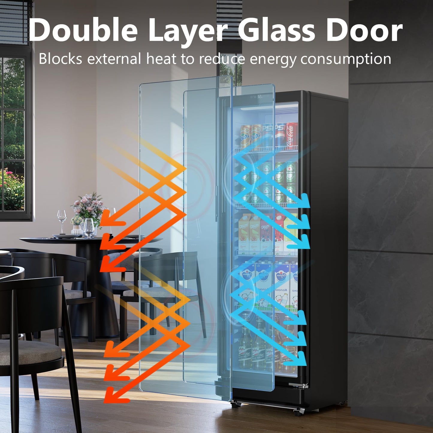 ICEVIVAL 8.5 Cu.Ft Commercial Refrigerators, Display Fridge with Double-Tempered Glass Door, Outdoor Beverage Refrigerator with Locking, Key & LED, Beverage Cooler for Bar, Office, Restaurant