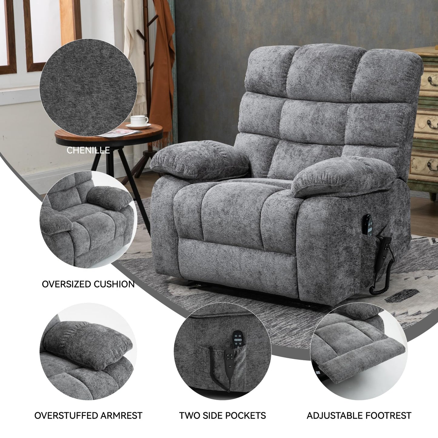 KEIKI Oversized Dual Motor Power Lift Recliner Chair for Elderly, Polyester Upholstery Breathable Rocking Chair with Back Massager and Heated, Home Lounging and Entertainment Center, Grey