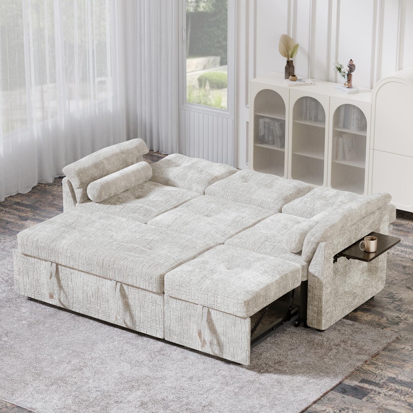 Trygoal Convertible Sleeper Sofa Bed, 63 Inch Chenille Pull Out Couch with Side Table & Adjustable Backrest, Sectional Sleeper Sofa with Pull Out Bed for Living Room, Apartment, Beige