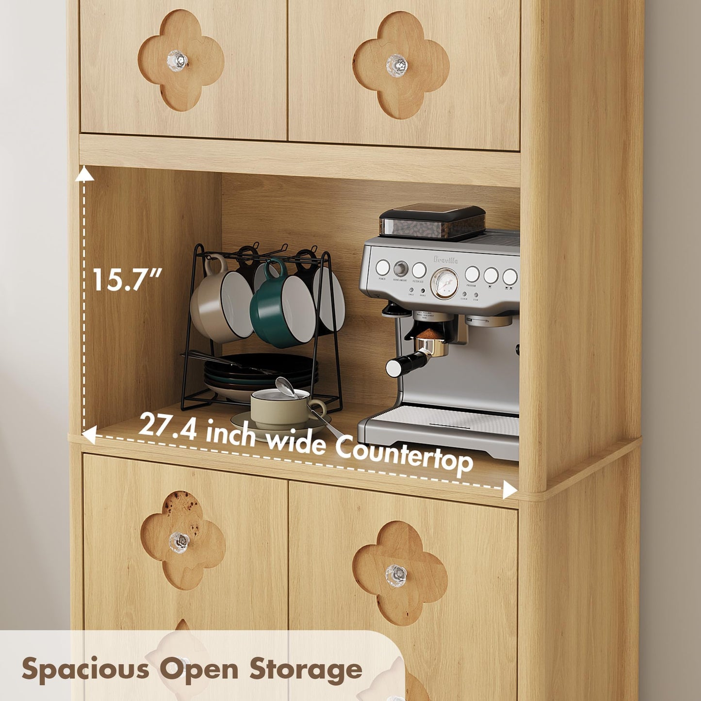 IDEALHOUSE Mid Century Modern Kitchen Pantry Cabinet, 72" Tall Storage Cabinet with Microwave Shelf, Wooden Freestand Cupboard with Carved Flower Door & Crystal Handle, for Dining Room