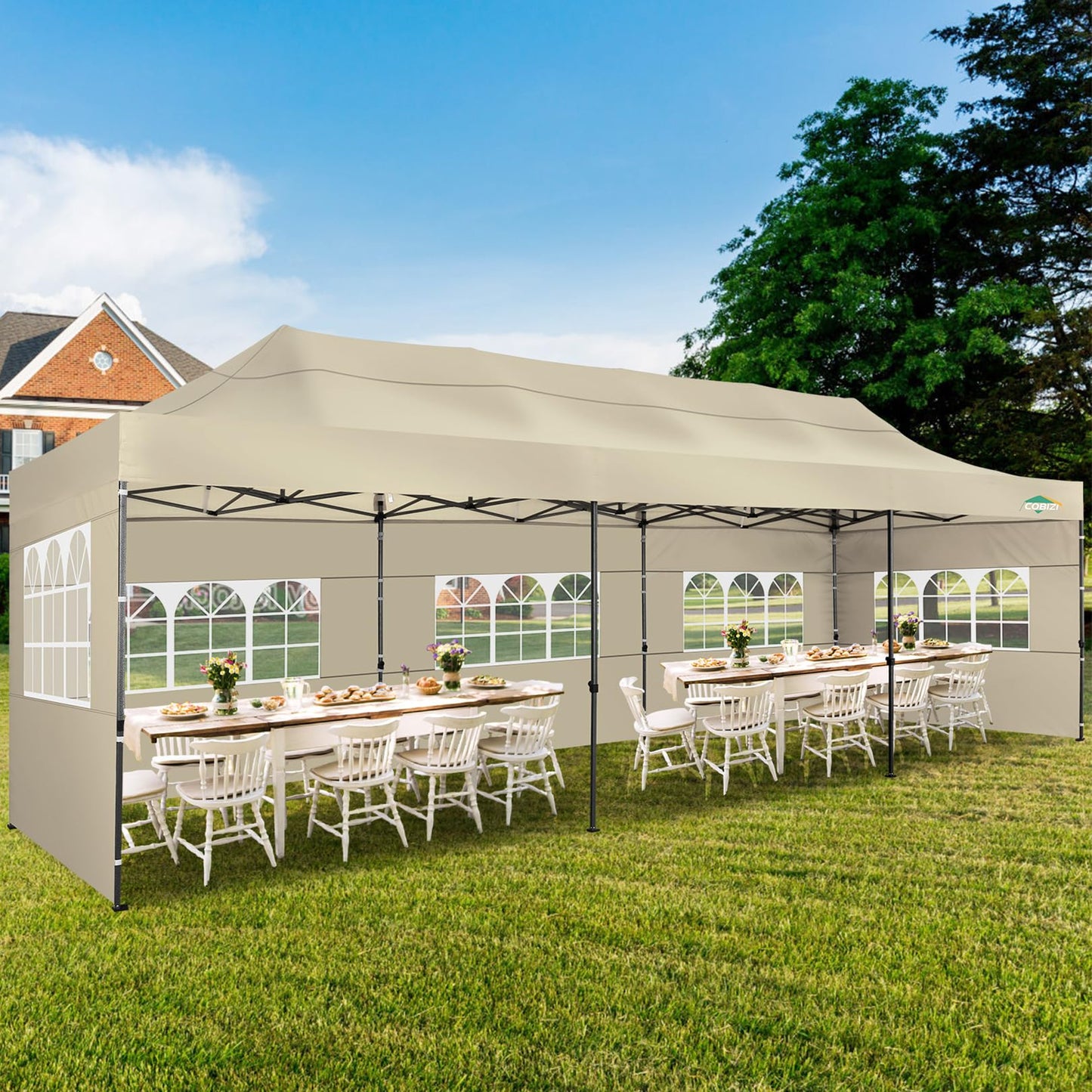 COBIZI 10x30 Pop up Canopy with 8 Removeable Sidewalls, Heavy Duty Party Tents for Parties, Events and Weddings, UPF 50+ Waterproof Commercial Tent with Roller Bag, Khaki (Windproof Upgraded)