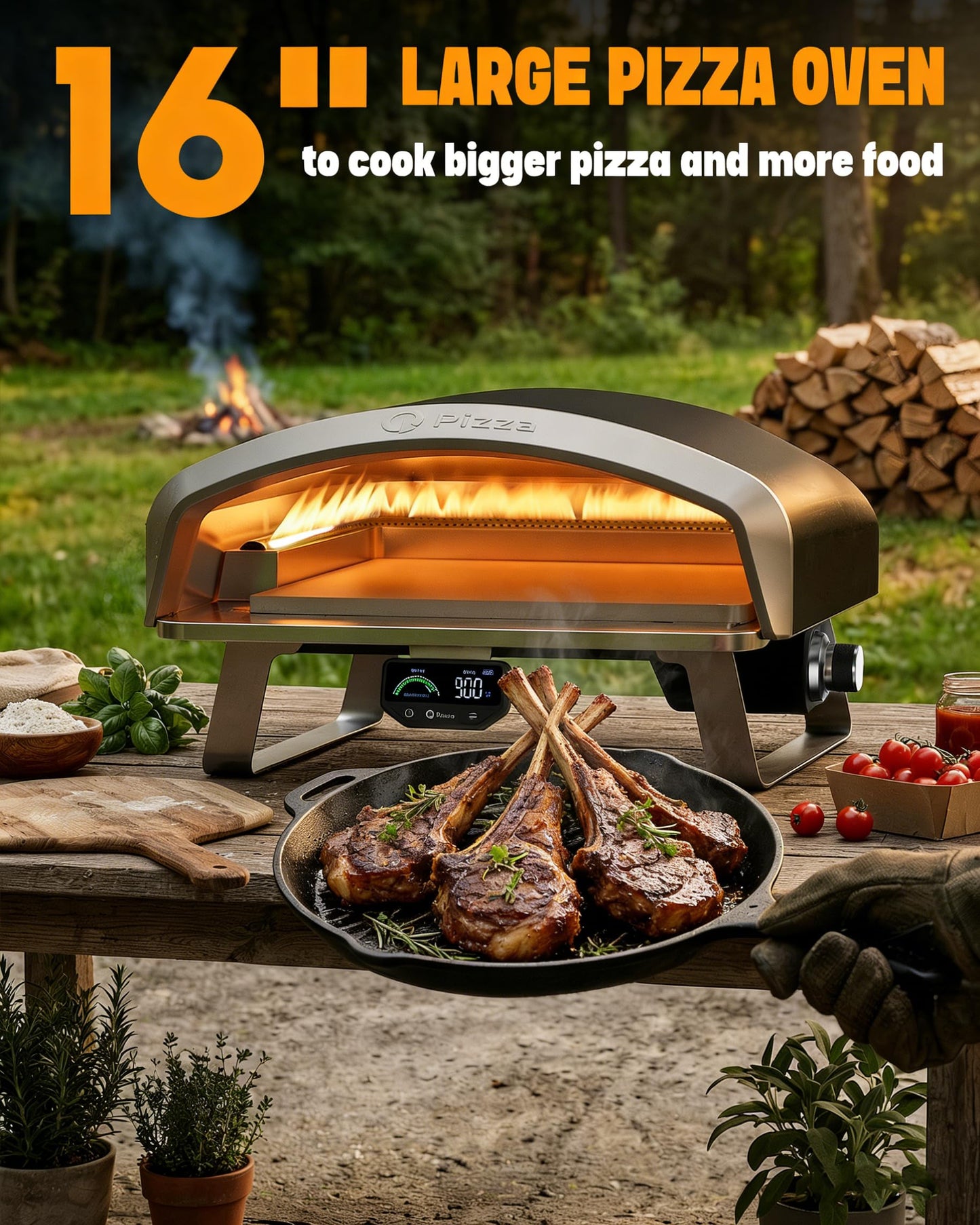 Q Pizza Propane Gas Pizza Oven with 16" Baking Stone for Bigger Size Pizzas & More Food, Outdoor Portable Pizza Stove with Thermometer for Patio Backyard Camping Tailgating, PS110