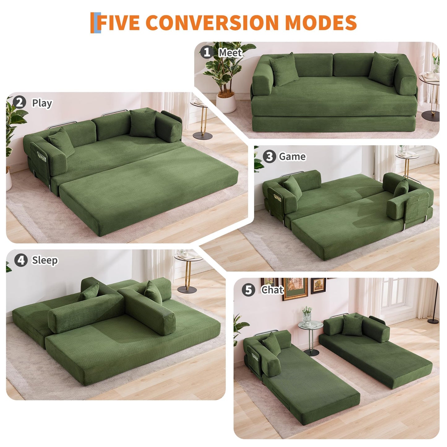 GarveeLife 78.8" Modular Corduroy Sofa Bed,5 in 1 Convertible Futon Floor Couch with Pull-Out Sleeper,Multi-Functional Futon for Living Room Guest Room & Small Spaces
