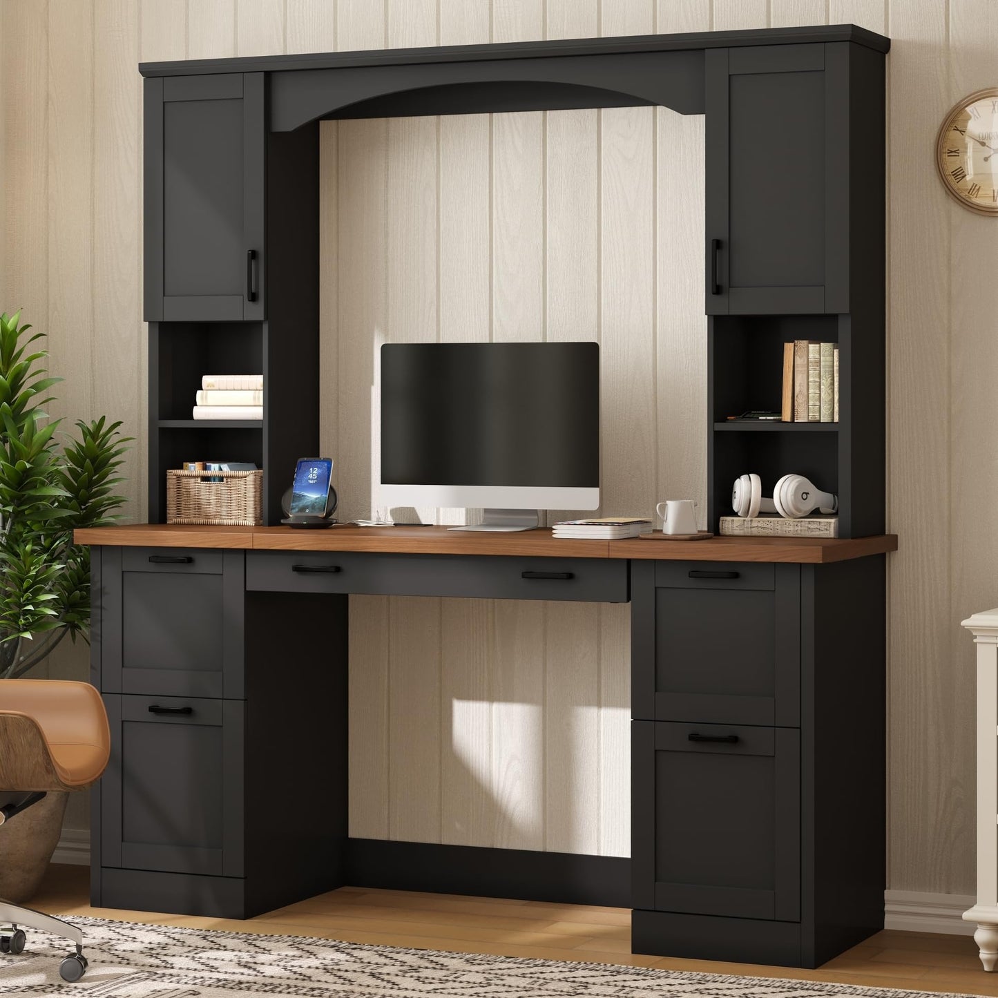 Merax Farmhouse Arched 67" Computer Desk with Power Outlets & Keyboard Tray, Wood Executive Home Office Desk with Hutch, Writing Desk with Storage Drawers for Working Study, Black