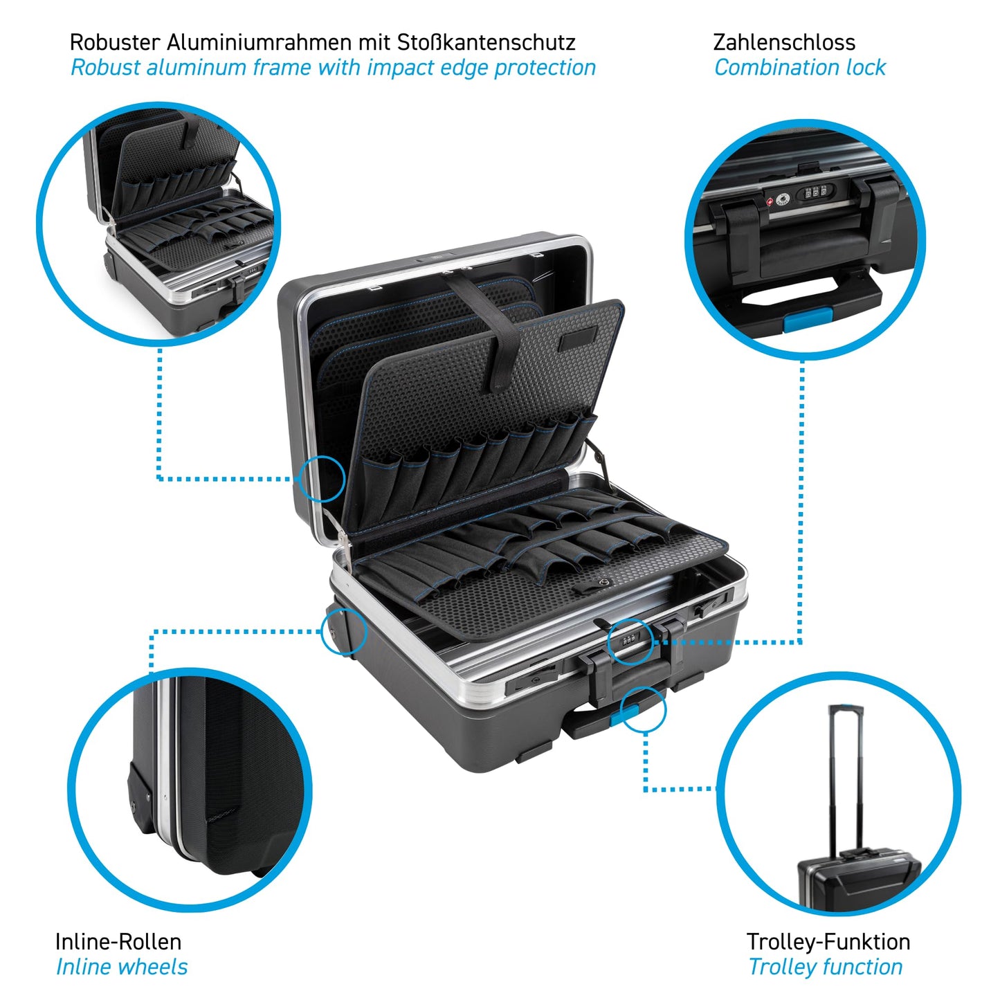 B&W International GO Portable Wheeled Rolling Tool Case Box with Pocket Boards, Black