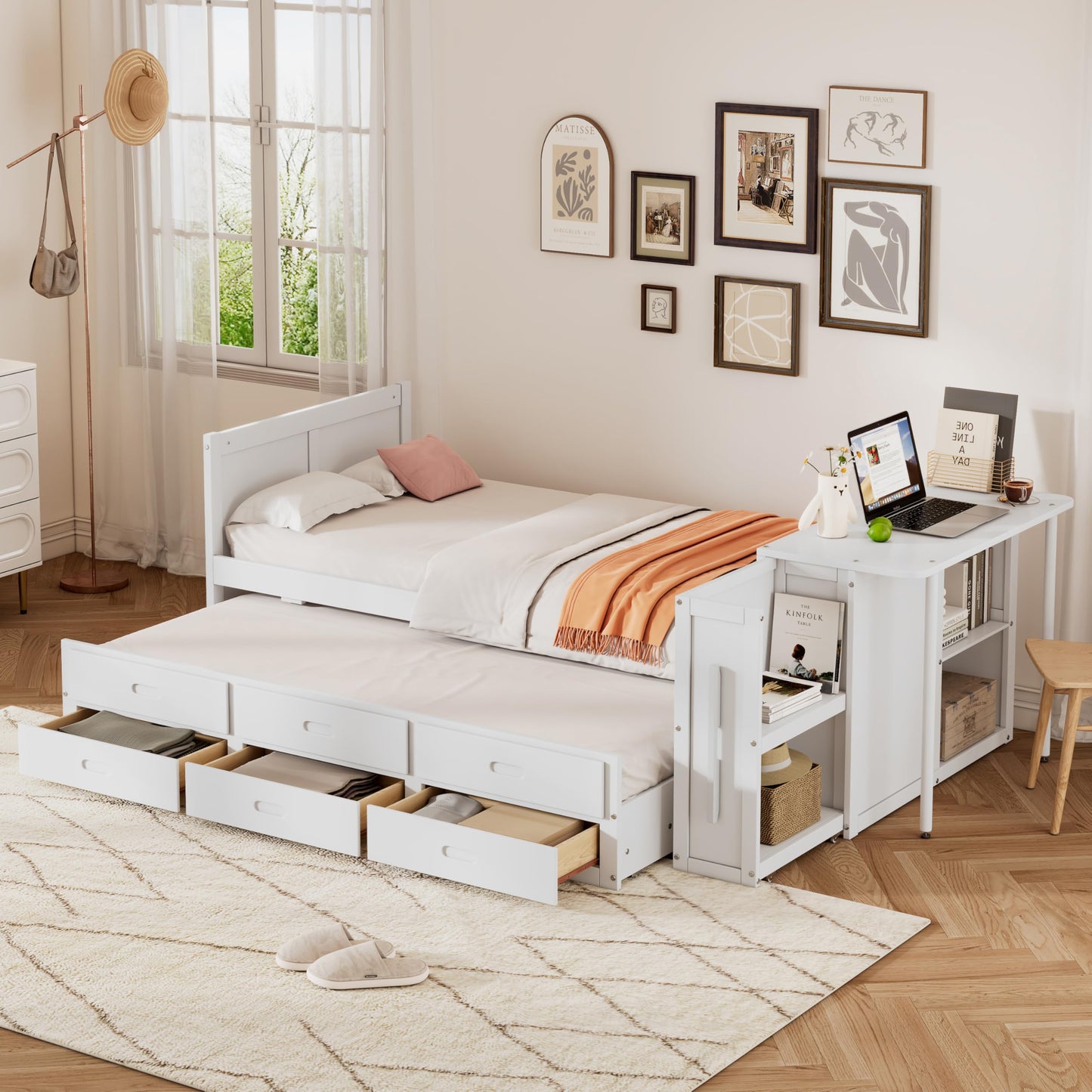 Merax Twin Size Platform Bed with Desk, Storage Shelf, 3 Drawers, Multifunctional Wood Bedframe with Trundle, No Box Spring Needed, Noise Free, White