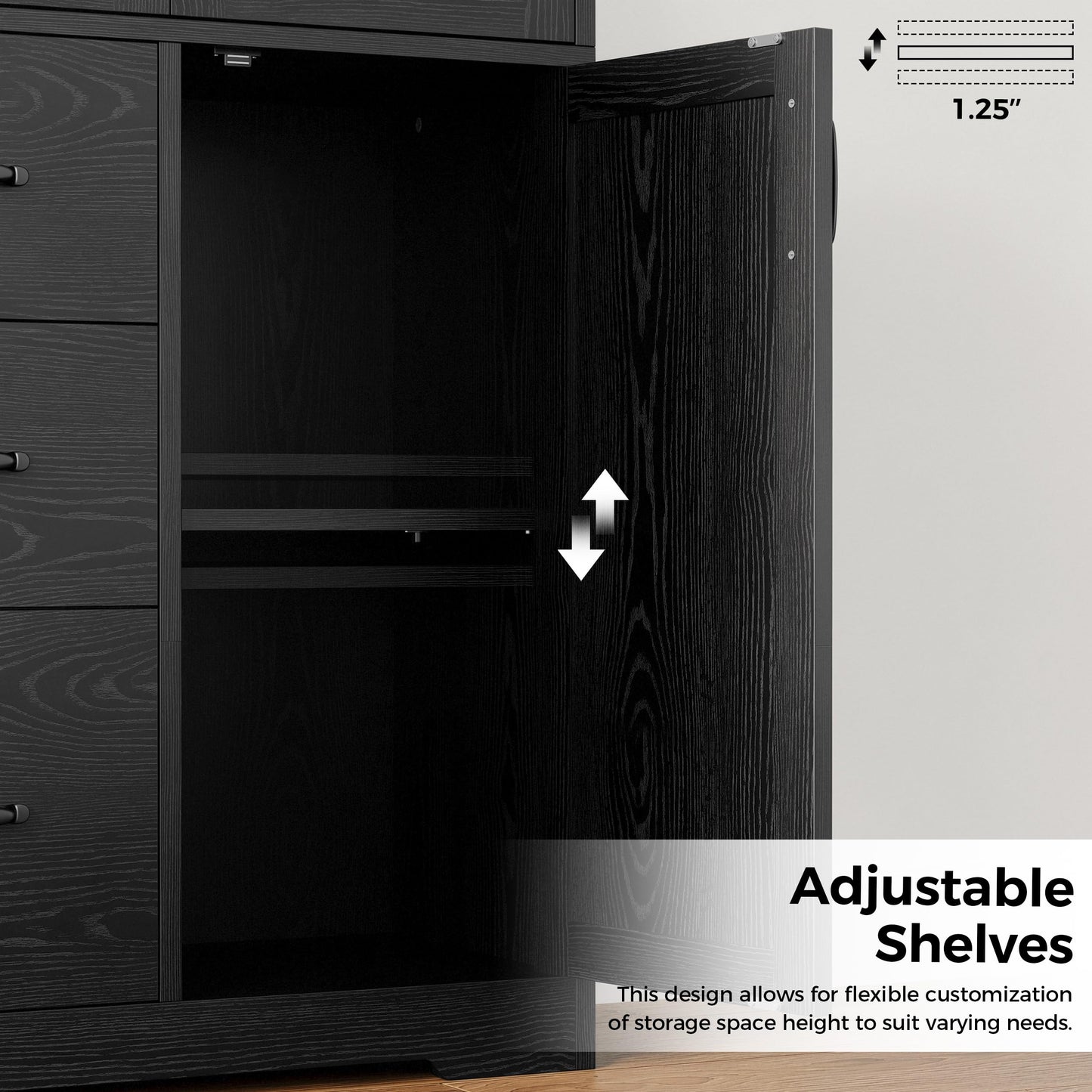 IRONCK Pantry Cabinet, 67.5 inch Tall Storage Cabinet with 3 Doors & Drawers, Farmhouse Kitchen Cabinet with Adjustable Shelves, 5 Tier Freestanding Cupboard for Kitchen, Black