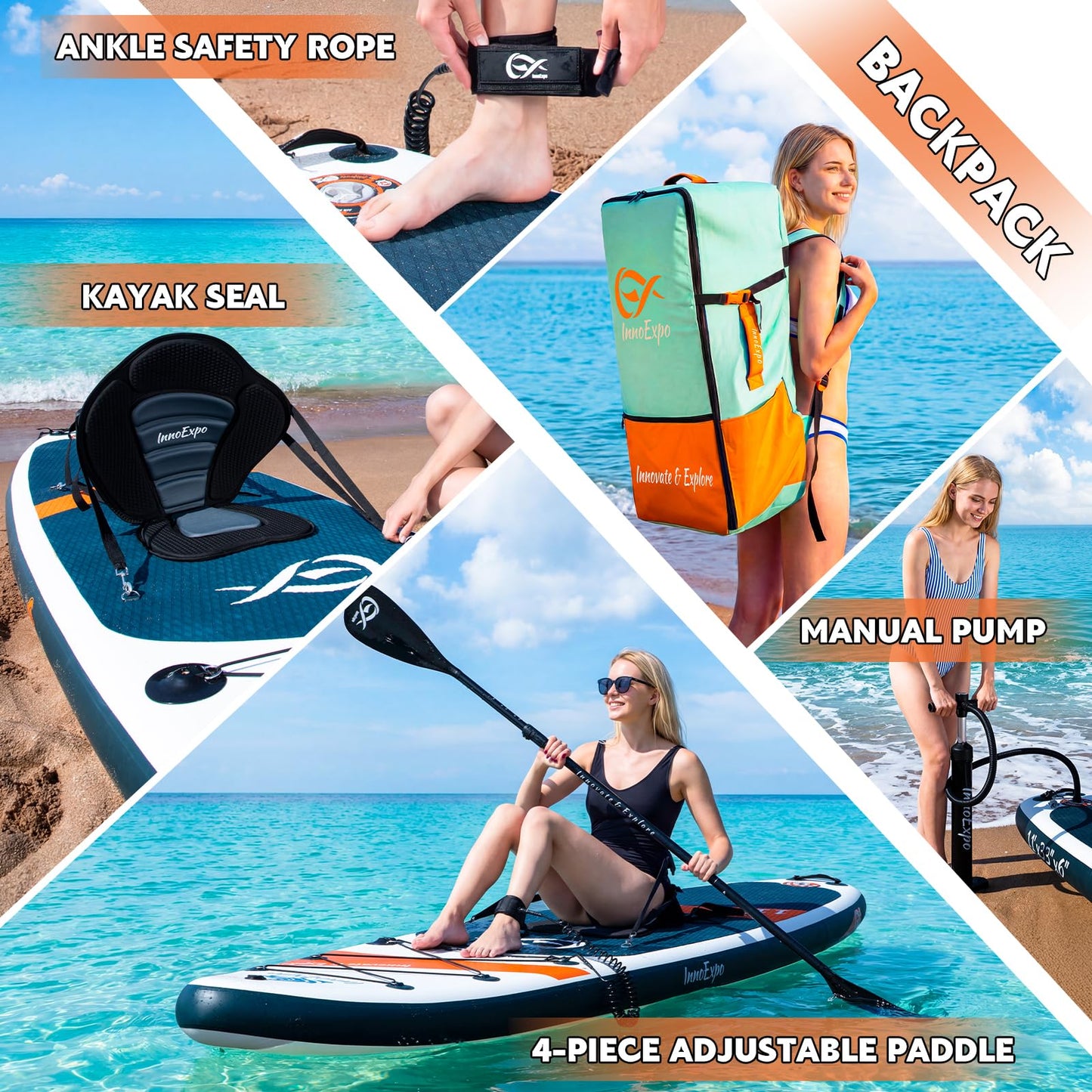 InnoExpo Inflatable Stand Up Paddle Boards with Premium Accessories, Wide Stable SUP Paddle Board Design, Non-Slip Comfort Deck for Youth & Adults (Dark Teal/Kayak Seat, 11'x33''x6'')