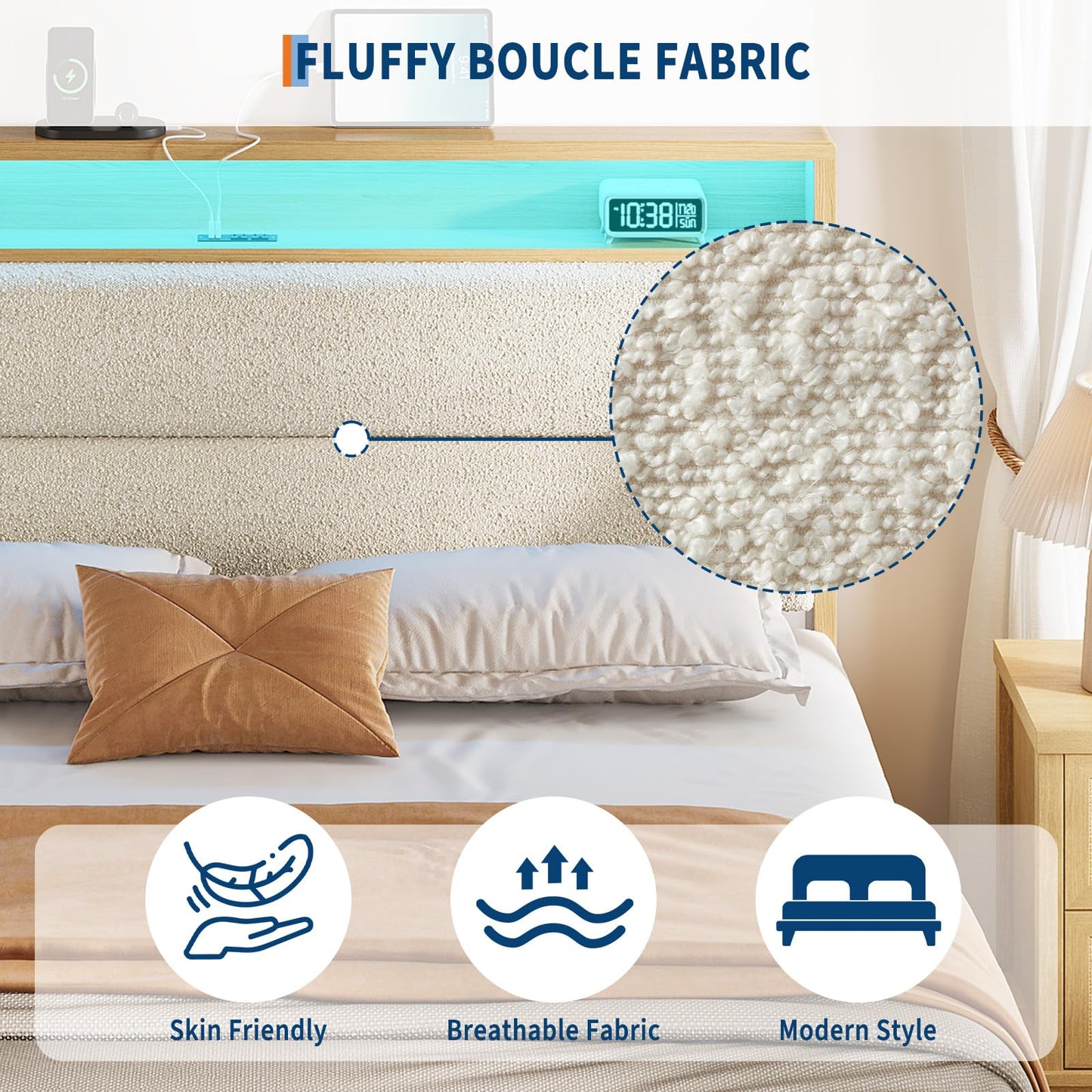 Garvee King Size Bed Frame with Storage Headboard, LED Boucle Bed Frame with Charging Station, Upholstered Platform Bed, No Box Spring Needed, Easy Assembly, Wooden Slats, Cream