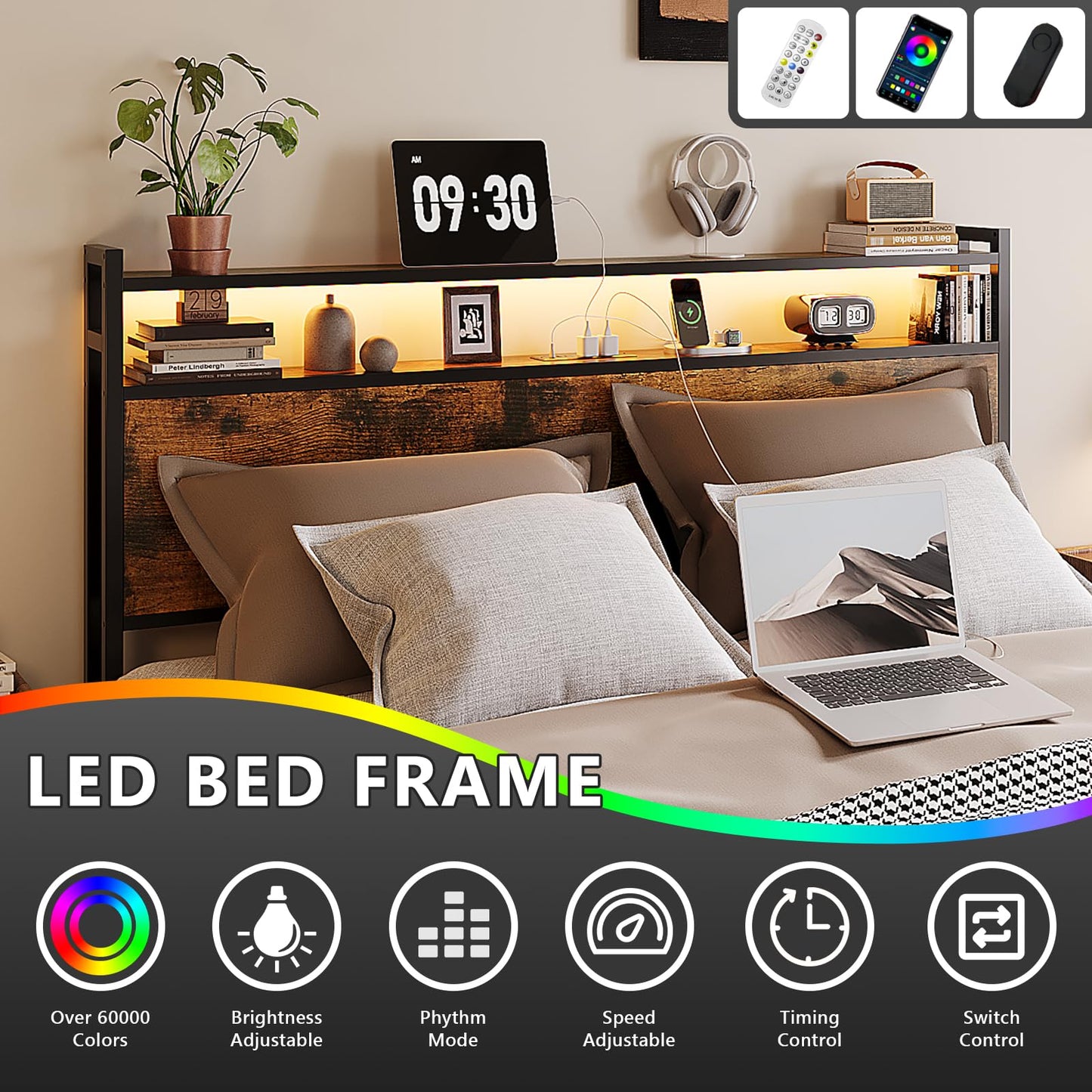 VINGLI Queen Bed Frame with 4 Storage Drawers and Headboard, Metal Platform Panel Bed with Charging Station and RGB LED Lights, No Box Spring Needed, Noise Free, Easy Assembly,Rustic Brown