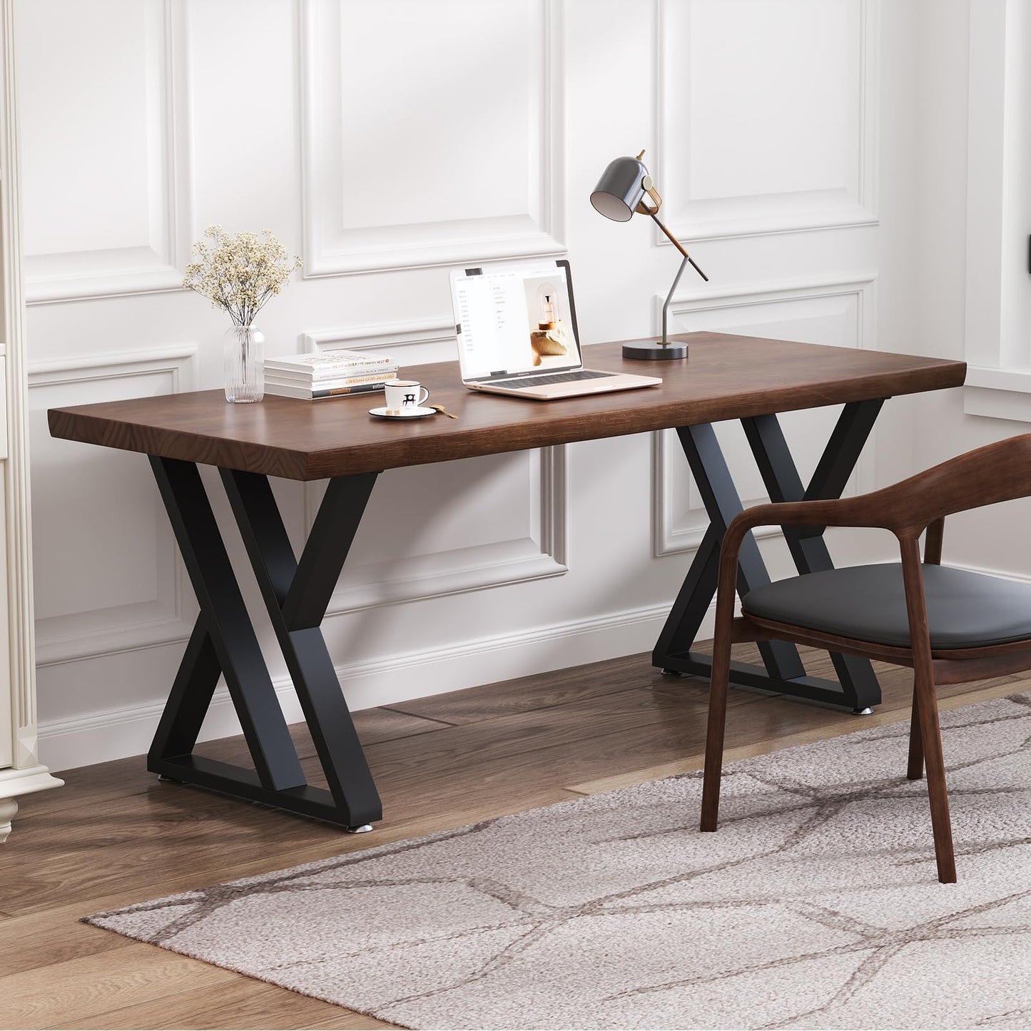 tiedingding Solid Wood Desk 47 Inch, Rustic Wooden Writing Desk with Sturdy Metal Frame, Modern Simple Design Executive Real Wood Computer Desk for Home Office, Bedroom & Living Room (Natural Finish)
