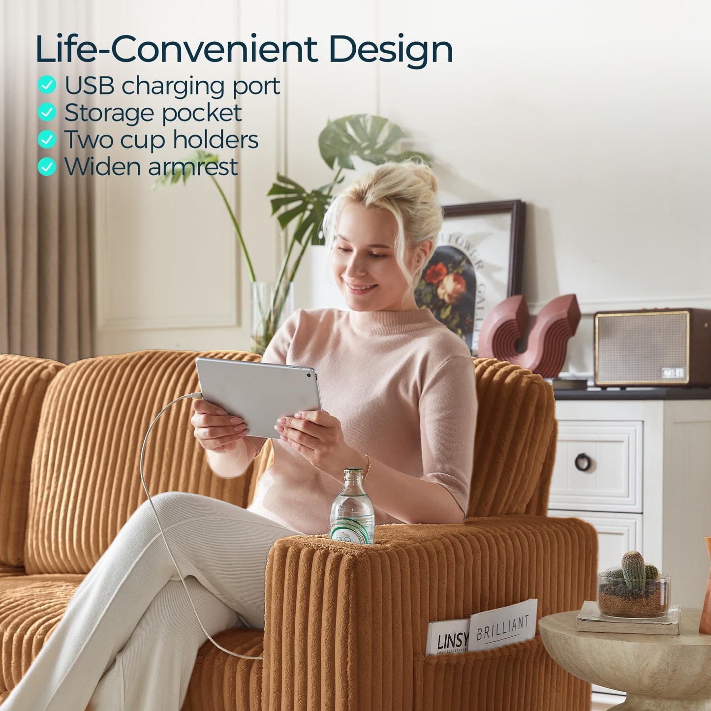 LINSY HOME Sectional Sleeper Sofa with Storage Chaise & USB Charging, Convertible Pull Out Couch Bed Plush Corduroy Modular Sectional Couches for Living Room Apartment (Brown)