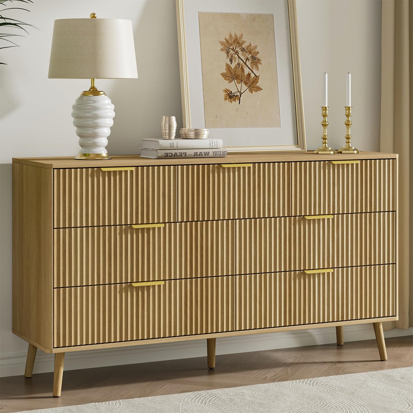 LYNSOM 55" Wide Fluted Dresser for Bedroom with 7 Drawer, Modern Chest of Drawers with Curved Profile Design and Metal Handles, Wood Dresser TV Stand & Storage Organizer for Living Room, Oak