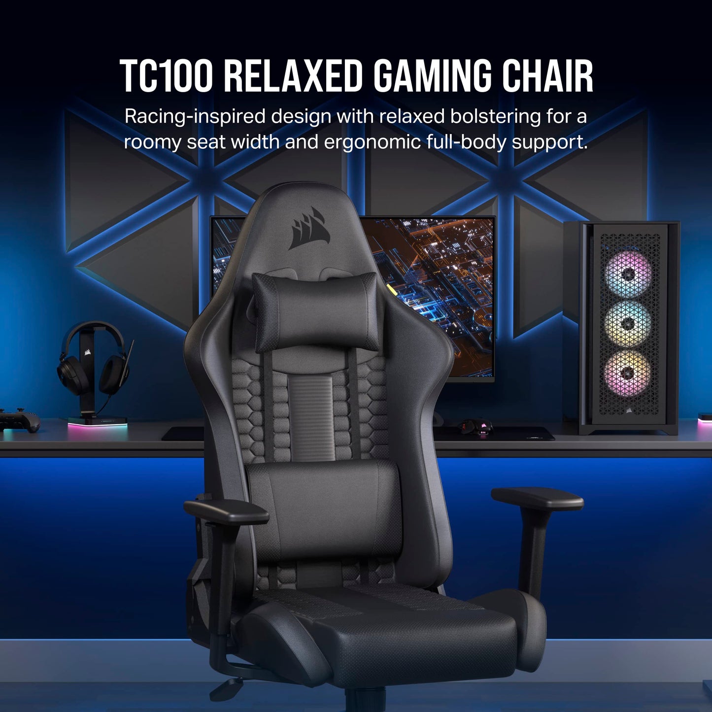 Corsair TC100 Relaxed Gaming Chair - Leatherette - Racing-Inspired Design - Lumbar Pillow - Detachable Memory Foam Neck Pillow - Adjustable Seat Height - Adjustable Armrests - Black