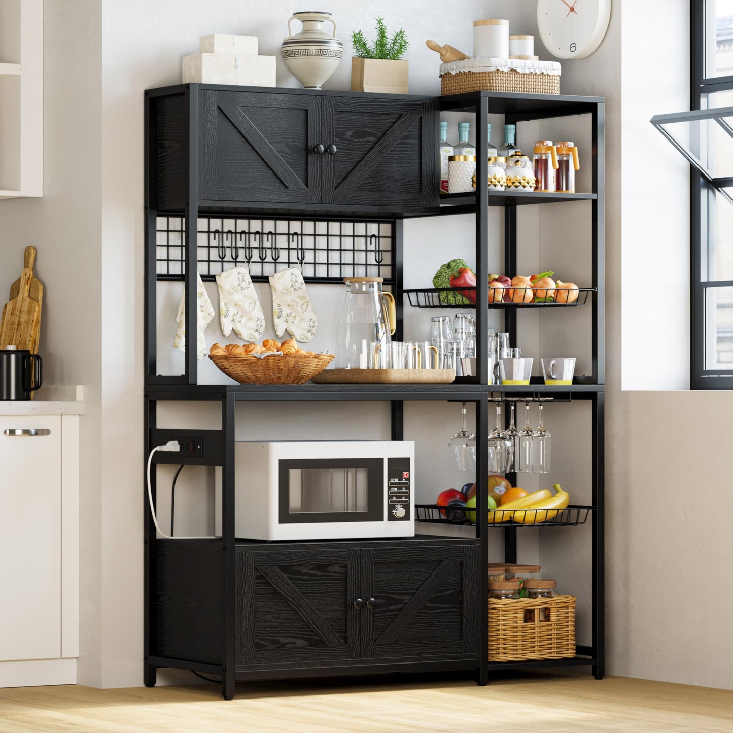 IRONCK Bakers Rack with 2 Storage Cabinets and Power Outlet, 45.3 Inch Industrial Coffee Bar Cabinet Shelves, Kitchen Microwave Stand with Storage, Vintage Black
