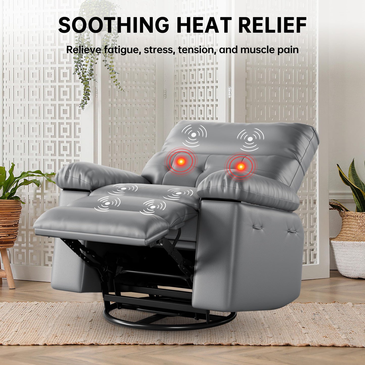 Oversized Recliner Chair with Massage, PU Leather Ergonomic Power Swivel Rocker Recliner with Side Pocket & 1.5X Sponge Filling for Living Room, Nursery, or Bedroom, Grey