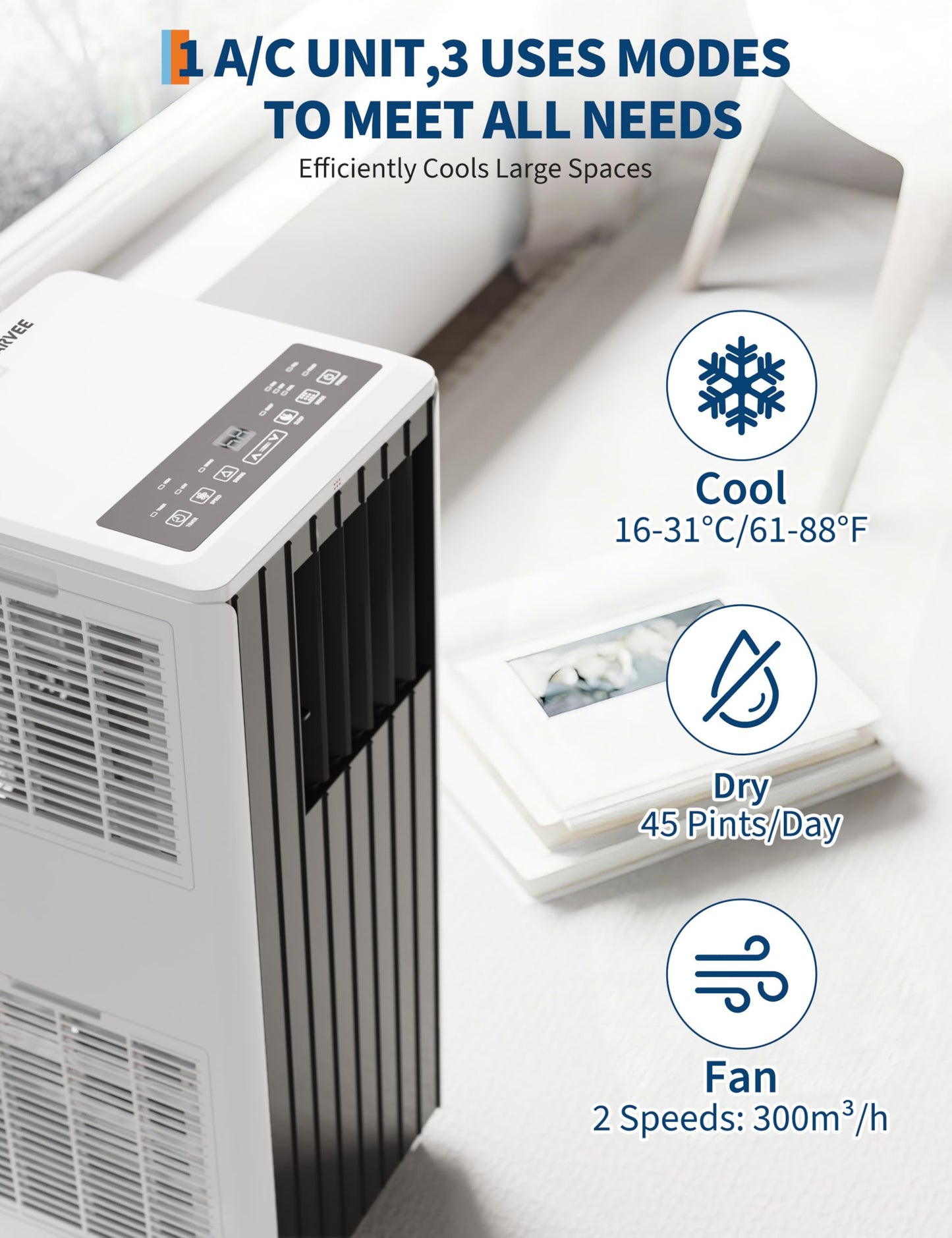 8000 BTU Portable Air Conditioner - 3 in-1 AC Unit Cools 350 Sq. Ft Rooms, Quiet 50 dB Operation w/Touch Control & Remote, Includes Window Kit & 24H Timer, Dehumidifier & Fan Modes for Bedroom, Black
