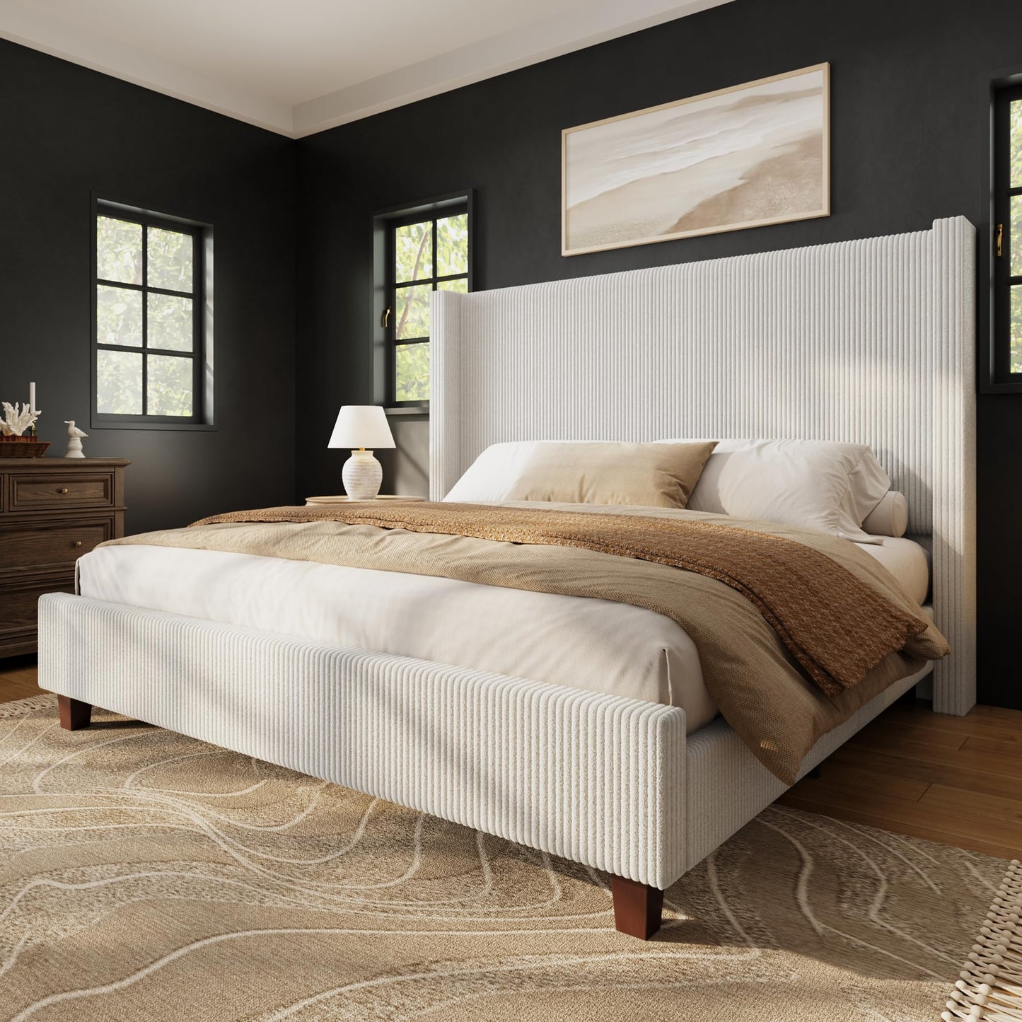 HOWE Queen Size Bed Frame with 50.8 Inch Corduroy Wingback Headboard, Cream