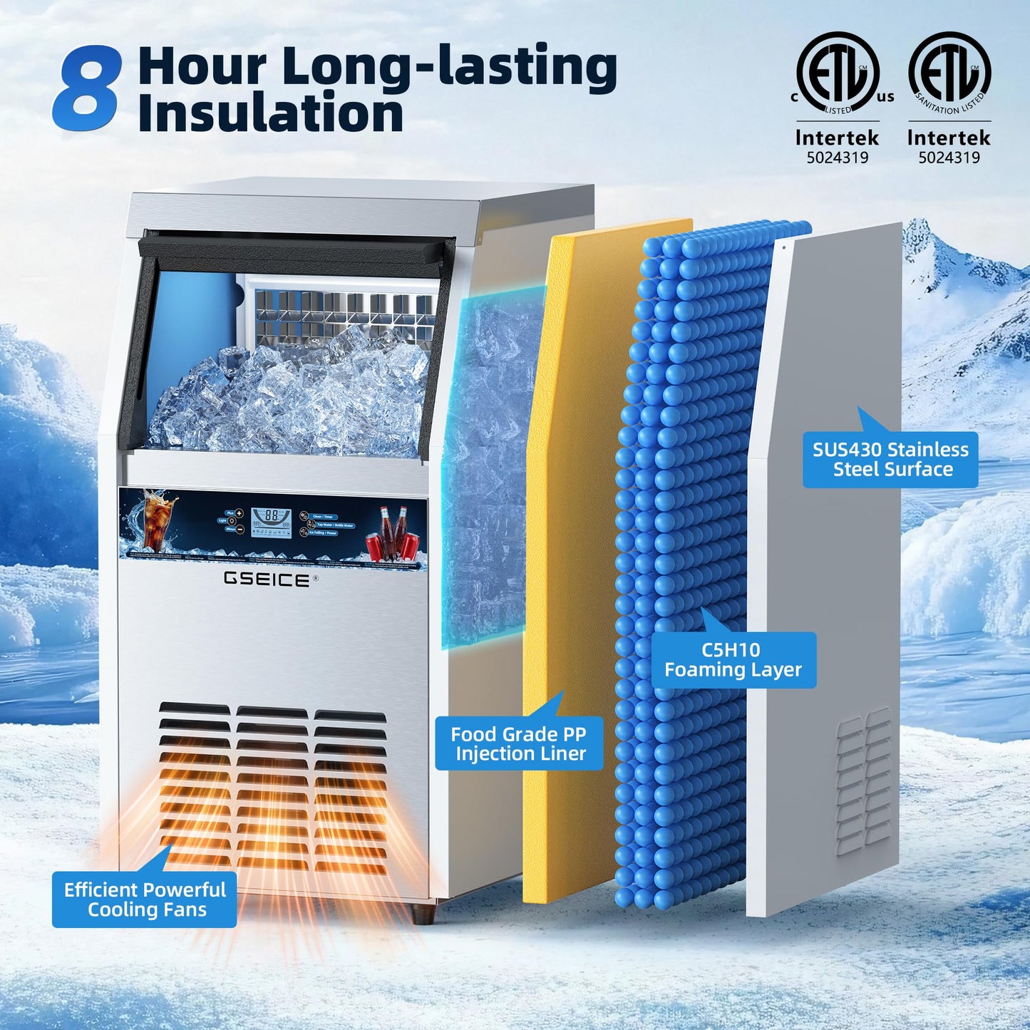 Ice Maker Machine, 100 lbs/24h with 20 lbs Storage, 40 Ice Cubes/15 Mins, ETL FCC, Freestanding Ice Maker with LED Display, 24H Timer, Smart Reminder, Self-Cleaning, for Home Bar Restaurant