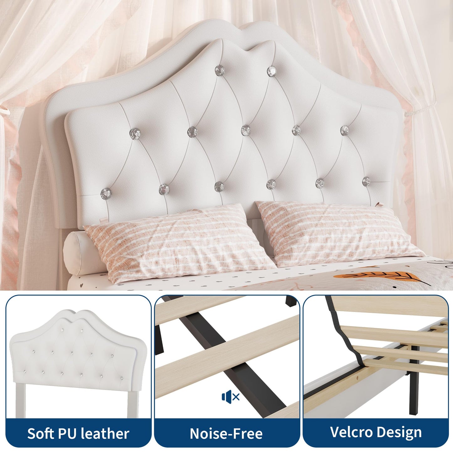 BouPower Twin Size Bed Frame for Girls with Storage Drawers & LED Lights, Upholstered Platform Bed, Velvet Crystal Button Princess Bed, Noise-Free Slats, No Box Spring Needed for Kids, Teens, White