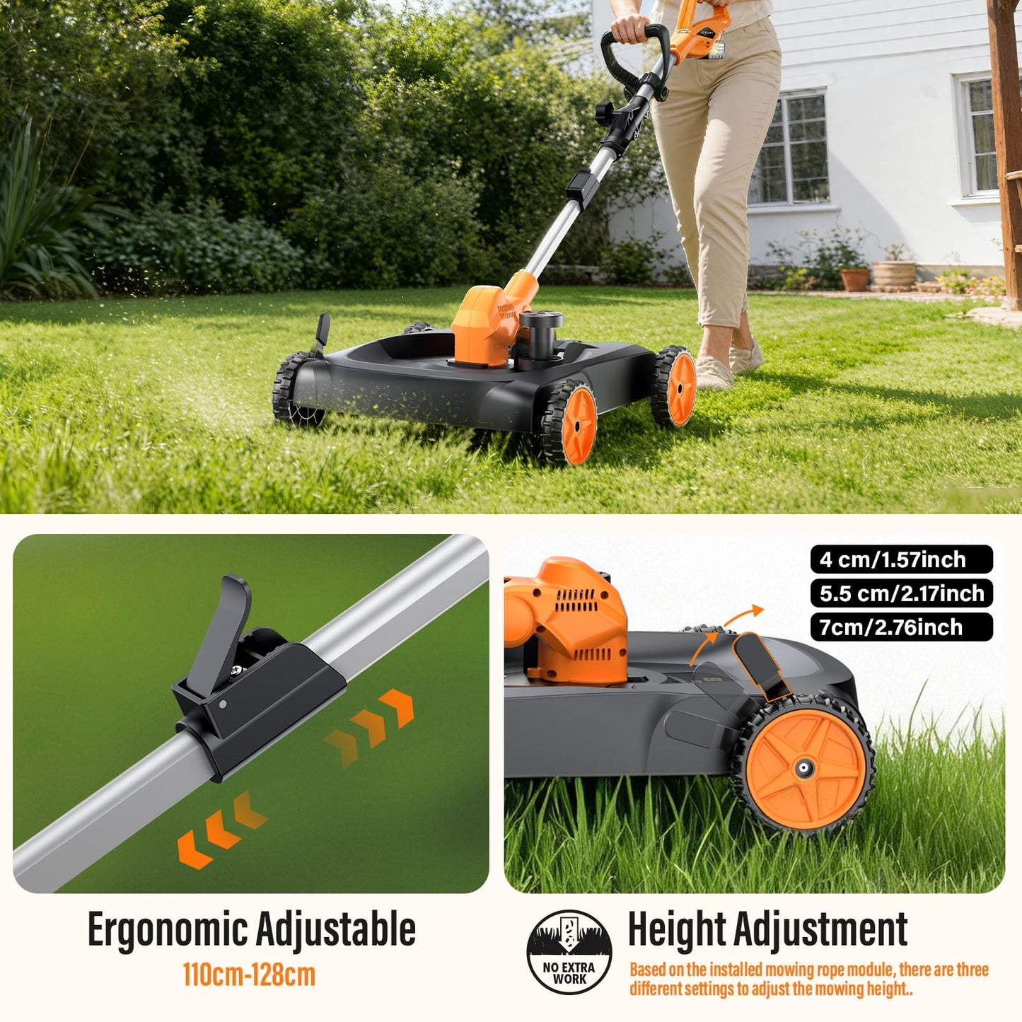 18.9" Cordless Lawn Mower, String Trimmer & Wheeled Edger 3-in-1 Combo, Brushless 2 * 4.0Ah Batteries, 3 Blades, Adjustable Height & Angle Electric Weed Eater and Lawnmower