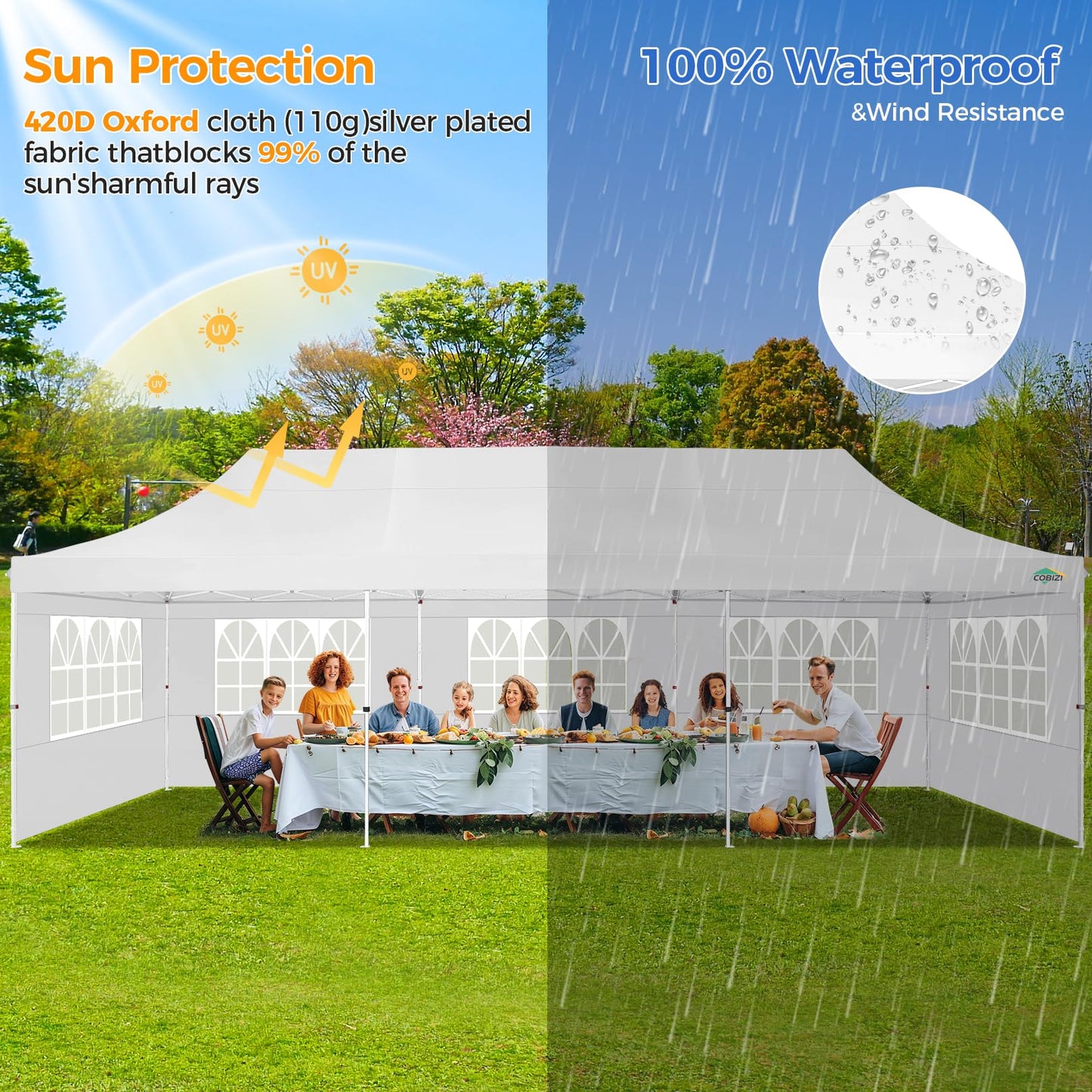 COBIZI 10x30 Pop up Canopy with Roller Bag & 8 Removable Sidewalls, Canopy Tent for Parties, Wedding, and Commercials, Waterproof and Instant Shelter UV50+ Outdoor Gazebo with 4 Sandbags(Pure White)