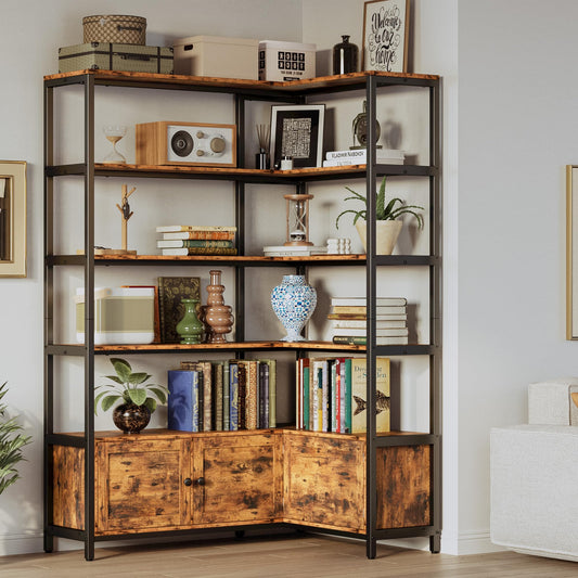 IRONCK Corner Bookshelf, Vintage Industrial Bookcase 6 Tier with Storage Cabinets, 70" Wooden Book Shelf with Metal Frame for Living Room, Office, Bedroom