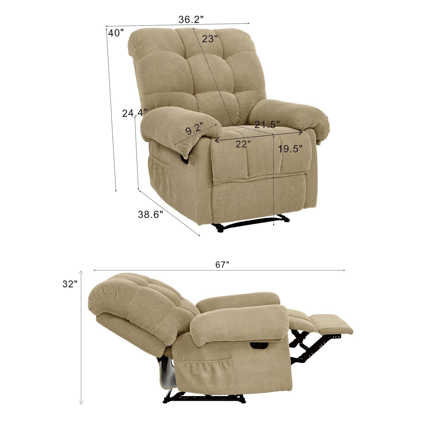 KEIKI Recliner Chair, Nursery Rocker Reclining Chair with Side Pocket, Upholstered Single Sofa for Living Room, Bedroom, Nursing, Reading, Camel