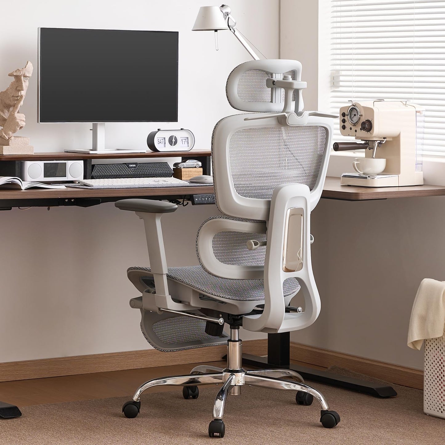 LarkLeaves Office Chair with Footrest, Ergonomic Chair with 3D Headrest, Computer Chair with Adjustable Backrest & 3D Armrest, Gaming Chair with Adaptive Lumbar Support, Mesh Backrest & Cushion, Grey