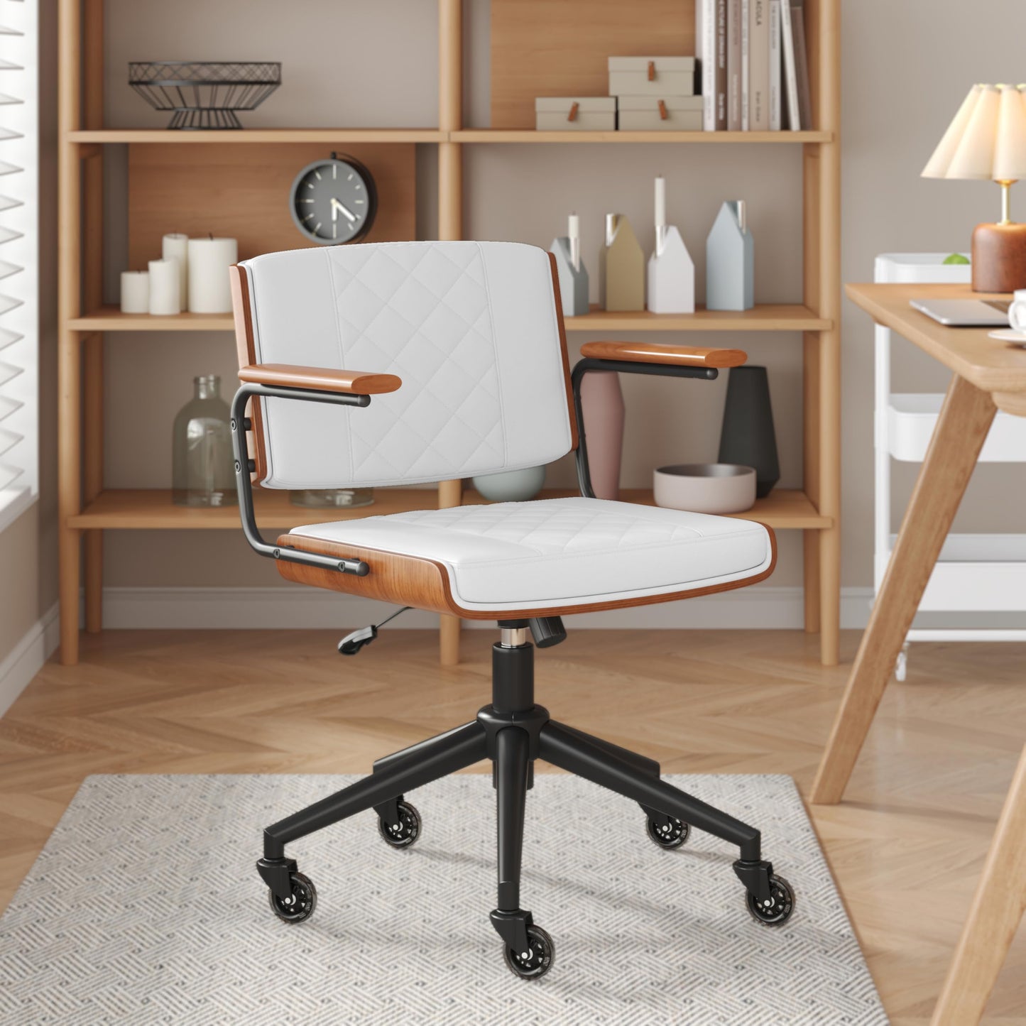 CoVibrant Ergonomic Office Chair with Rubber Wheels & Walnut Arms - PU Leather Mid-Back Desk Chair, Adjustable Height, Bentwood Backrest | Swivel Rocking Design for Home Office, Meeting Room, Study