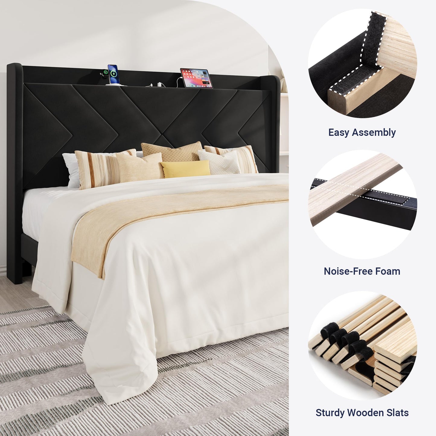 Allewie King Size Platform Bed Frame with Charging Station and Storage Shelf/Upholstered Velvet Wingback Headboard/Wooden Slats Support/No Box Spring Needed/Easy Assembly, Black
