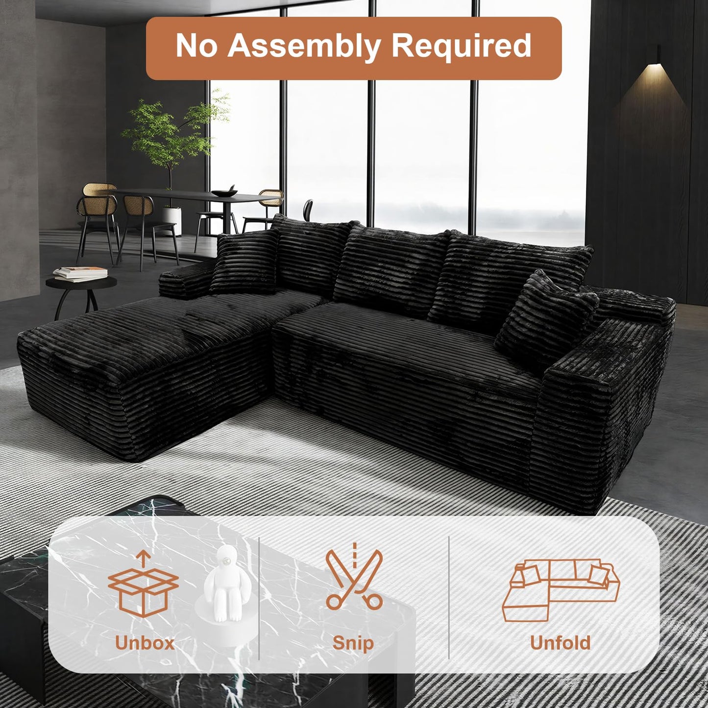 Rovibek 107.5" Couches for Living Room, Black Couch with Chaise, Modular Sectional Sofa with Throw Pillow & Deep Seat, No Assembly Required Compressed Sofa