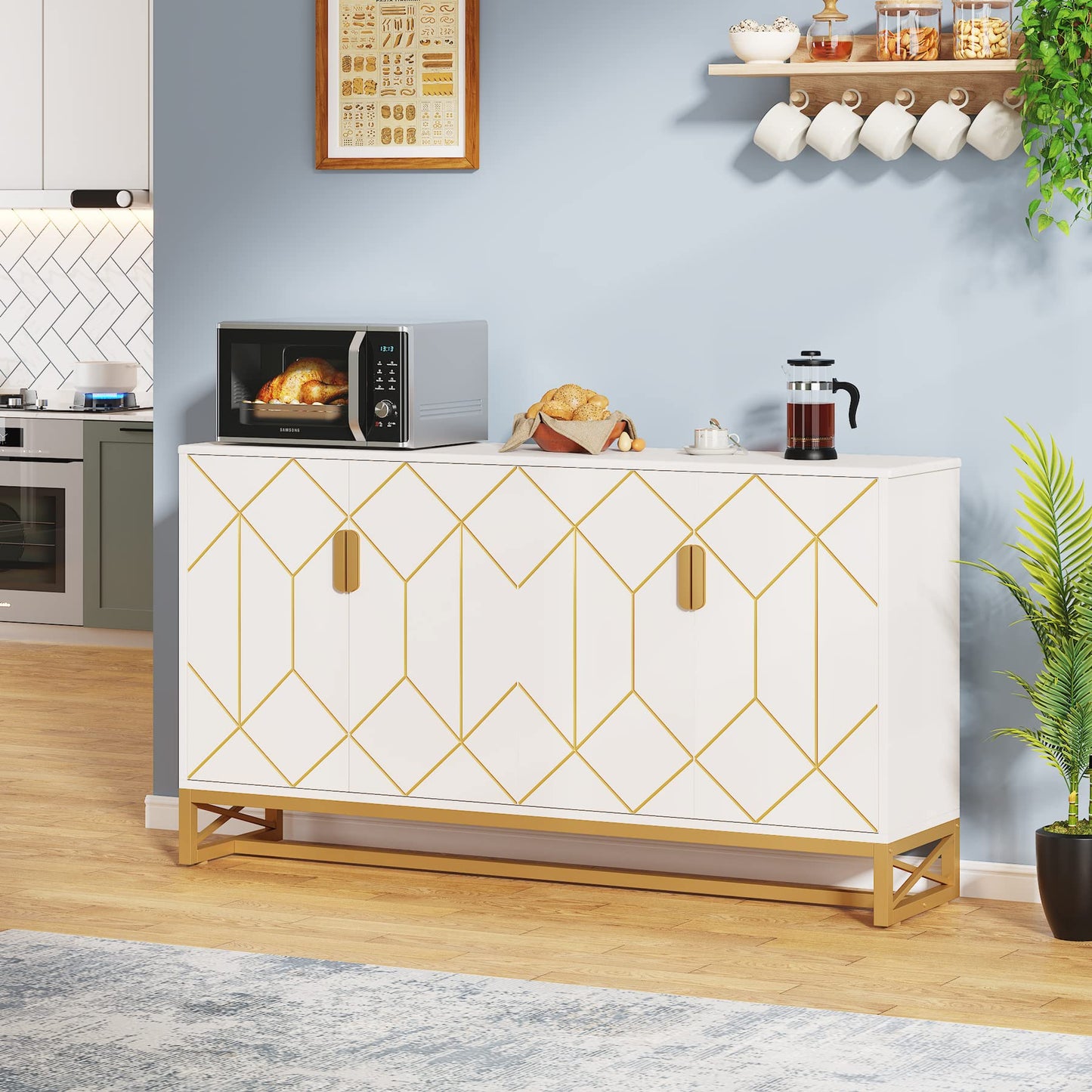 Tribesigns 59" White Gold Buffet Cabinet with Storage Kitchen Sideboard Storage Cabinet