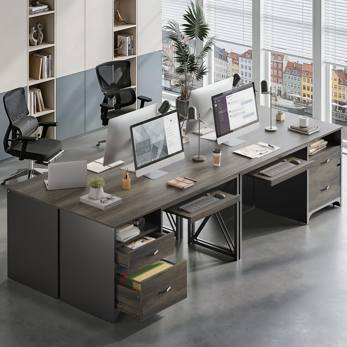 Bestier Office Desk with Drawers, 55 inch Industrial Computer Desk with Storage, Wood Teacher Desk with Keyboard Tray & File Drawer for Home Office, Dark Gray Oak