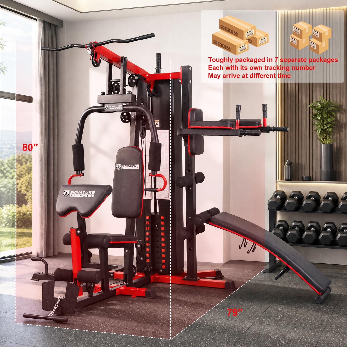 Signature Fitness Home Gym System Workout Station, Smith Machine & Leg Press – Multifunctional All-in-One for Full Body Strength Training, LAT Pull-Down, Pulley System, and Seated Rowing
