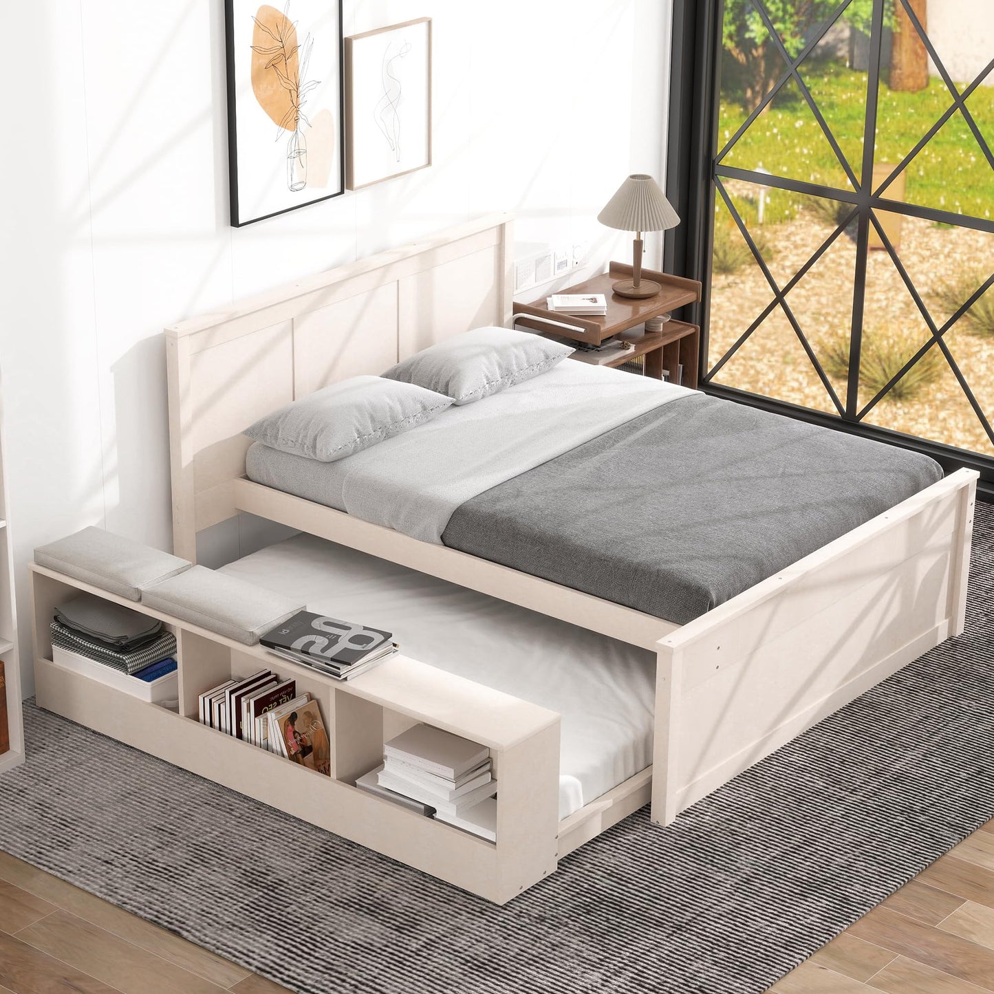 Merax Classic Solid Wood Platform Bed with Trundle Bed and Storage Cabinet, Full Storage Bed Frame with Headboard for Bedroom, Guest Room,No Box Spring Needed, Space Saving, Cream White