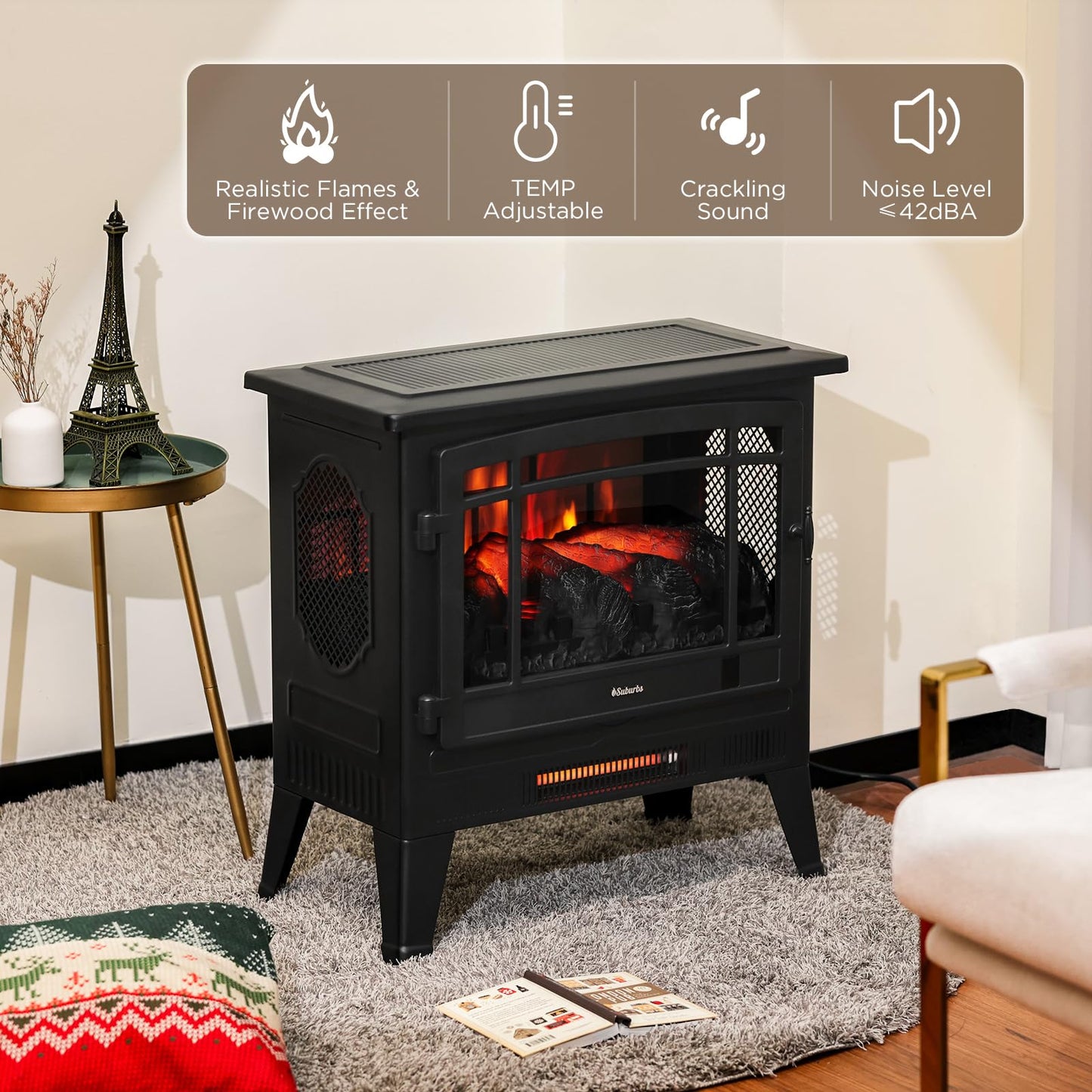 TURBRO Suburbs 25" WiFi Electric Fireplace Infrared Heater with Crackling Sound, Freestanding Fireplace Stove with Adjustable Flame Effects, Overheating Protection, Timer, Remote Control 1400W