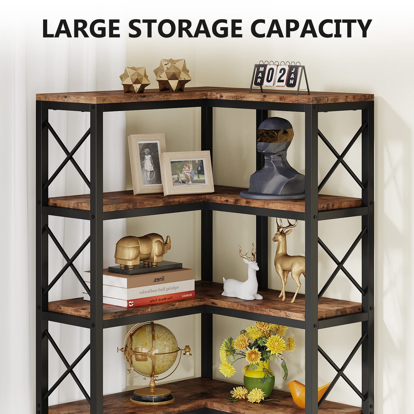 LITTLE TREE 7-Tier Tall Corner Book Shelf,Rustic Brown Corner Bookshelf, Modern Bookcase Metal Storage Shelves for Bedroom Living Room or Home Office