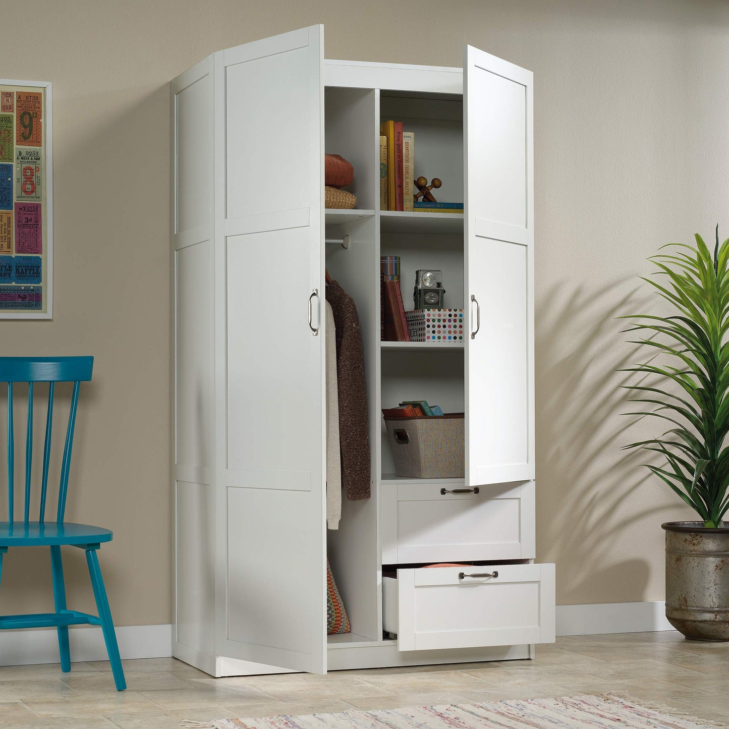 Sauder Select Multipurpose Bedroom Armoire Wardrobe Closet Pantry Storage Cabinet with Storage Drawers and Hanging Rail, in Soft White finish