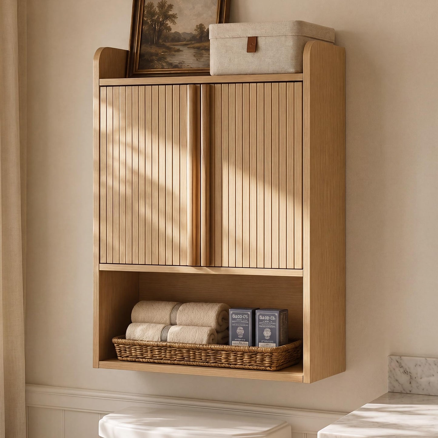 VANIRROR Bathroom Wall Cabinet, 24 x 9.3 x 33 in Wood Finish Wall Mounted Medicine Storage Organizer with Fluted Doors, Raised-Edge Top, Over Toilet Cabinet for Laundry Kitchen