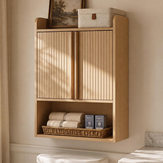VANIRROR Bathroom Wall Cabinet, 24 x 9.3 x 33 in Wood Finish Wall Mounted Medicine Storage Organizer with Fluted Doors, Raised-Edge Top, Over Toilet Cabinet for Laundry Kitchen