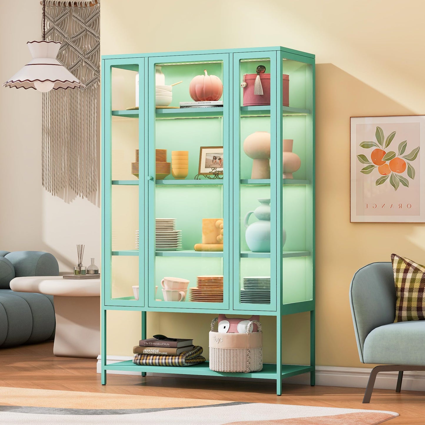 Merax 67" Tall Glass Display Cabinet with Adjustable Shelves and LED Lights, for Collectibles, Modern Steel Storage Curio Cabinet with 3-Sided Glass Display Case for Home Office Study Room, Cyan