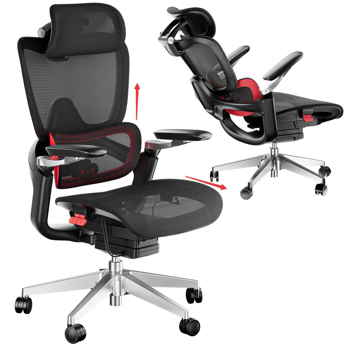 chirvana Ergonomic Office Chair, Big and Tall Mesh Computer Gaming Chair with Adaptive Lumbar Support, Work Chair with Headrest, 5D Armrest,90-130°Tilt, BIFMA Certified, Model Zen (Red)