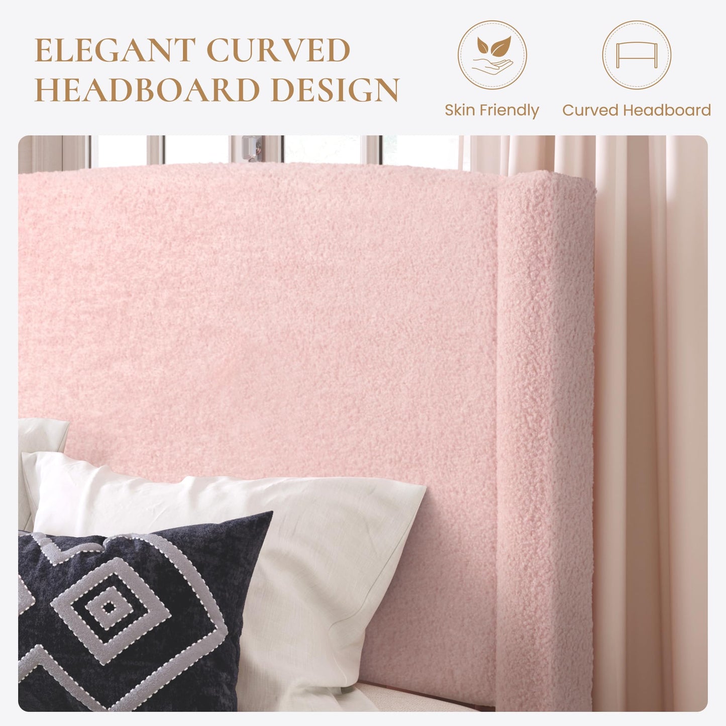 SHA CERLIN King Size Bed Frame with Soft Teddy Fabric, Boucle Upholstered Platform Bed, Curved Headboard Design, Wooden Slats Support, Noise-Free, No Box Spring Needed, Easy Assembly, Pink