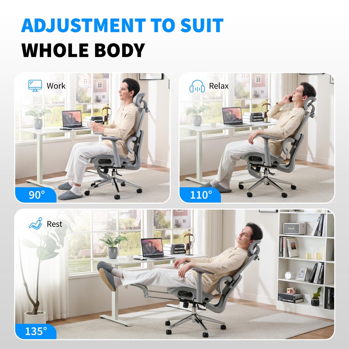 hujusko Mesh Ergonomic Office Chair with Footrest, High Back Mesh Gaming Chair with Lumbar Support, Adjustable Headrest and Armrests for Home Office Desk Chair (Modern, Grey)