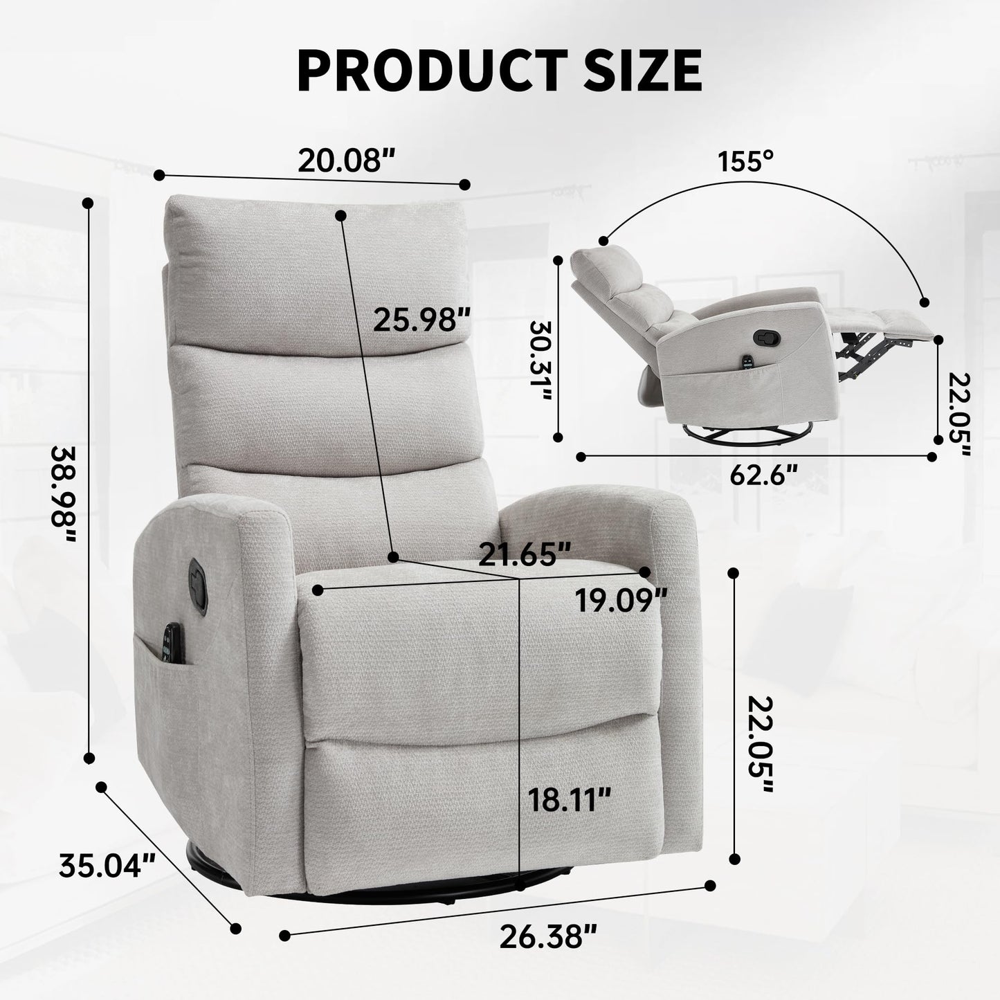 GDFStudio Heat Massage Manual Recliner Chair with Rocking and 360° Swivel, Chenille Fabric Recliner Chair with Lumbar Heat, 8-Point Vibration Massage, 155° Reclining Chair for Living Room, Grey